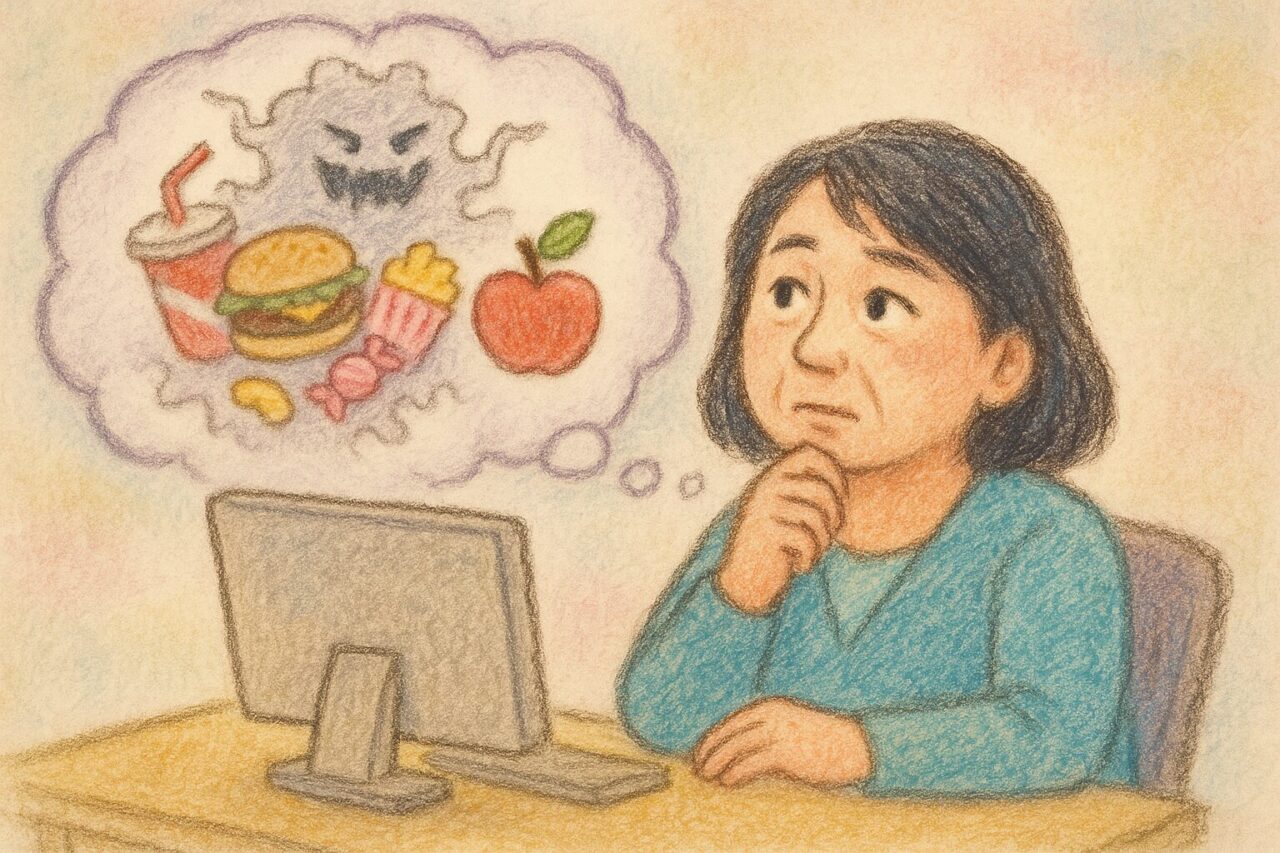 ジャンクフードを思い浮かべる女性の画像