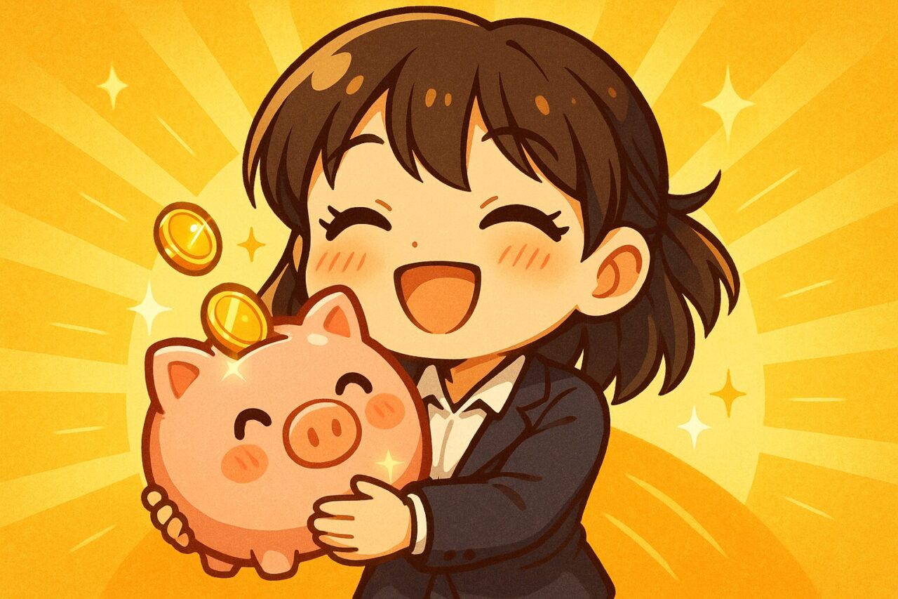 貯金箱を抱えた女性の画像