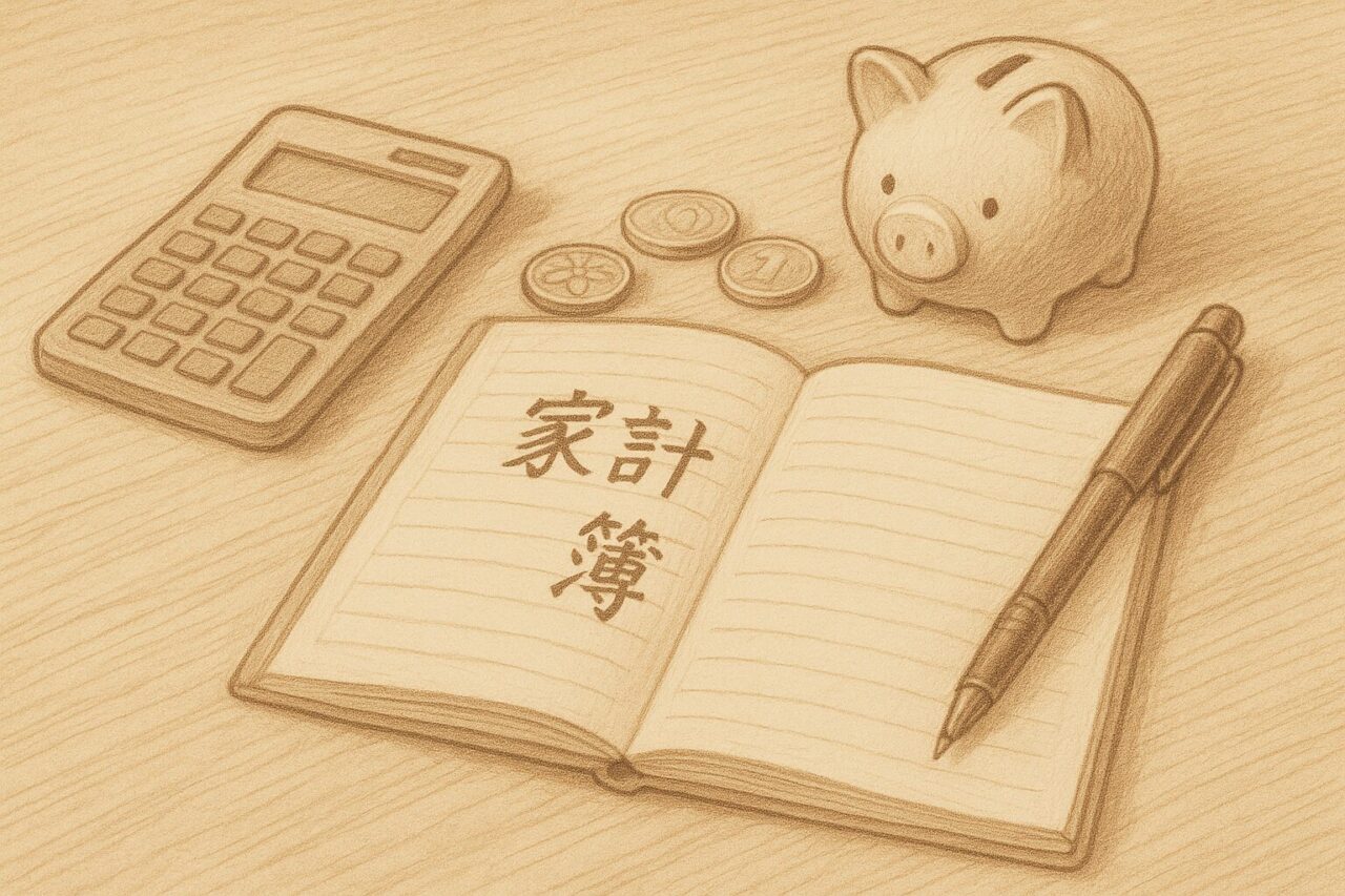 電卓と家計簿と貯金箱の画像