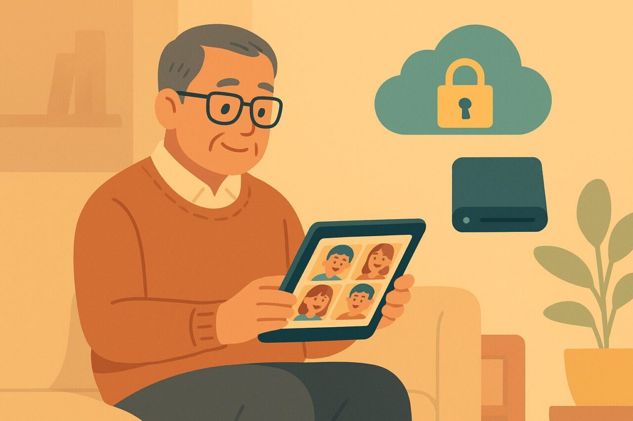 タブレットで写真を眺める男性の画像