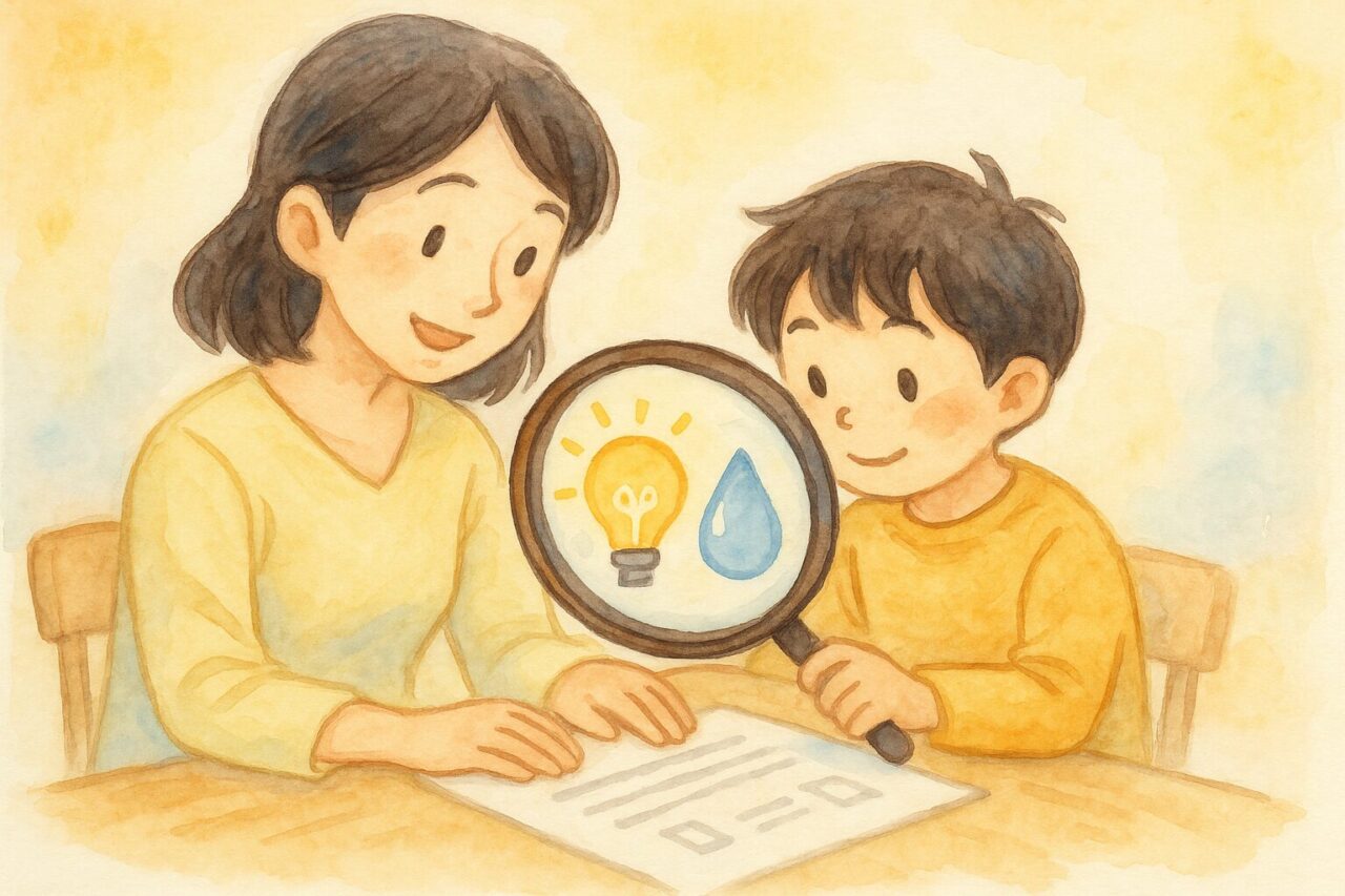 虫眼鏡を見つめる母と子供