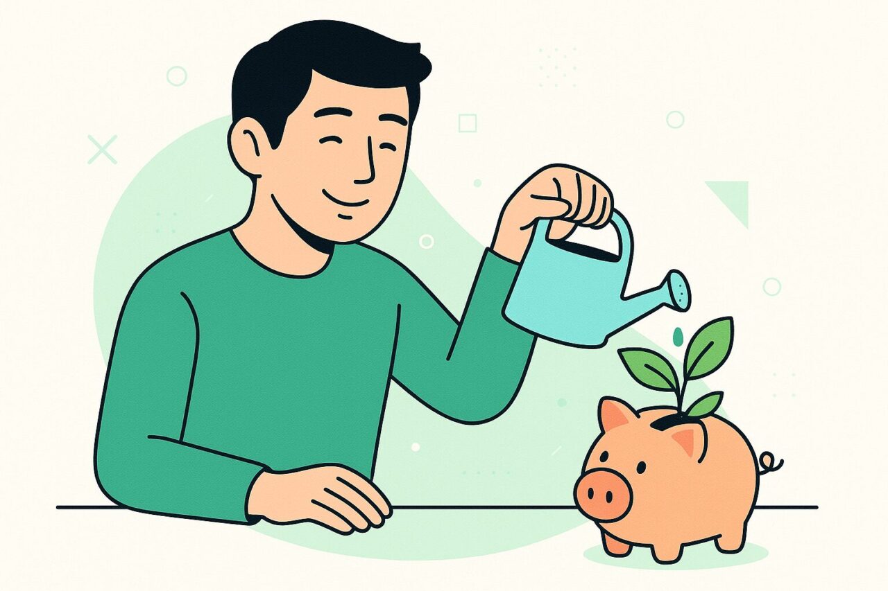 ブタの貯金箱に水をやる男性の画像