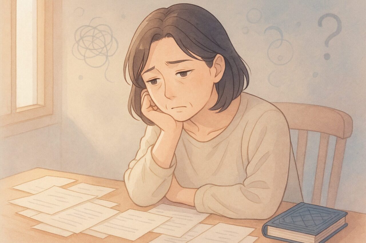 机に肘をつき思い悩む女性の画像