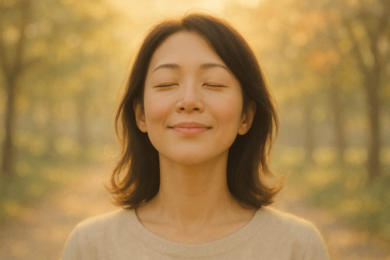 深呼吸する女性の画像