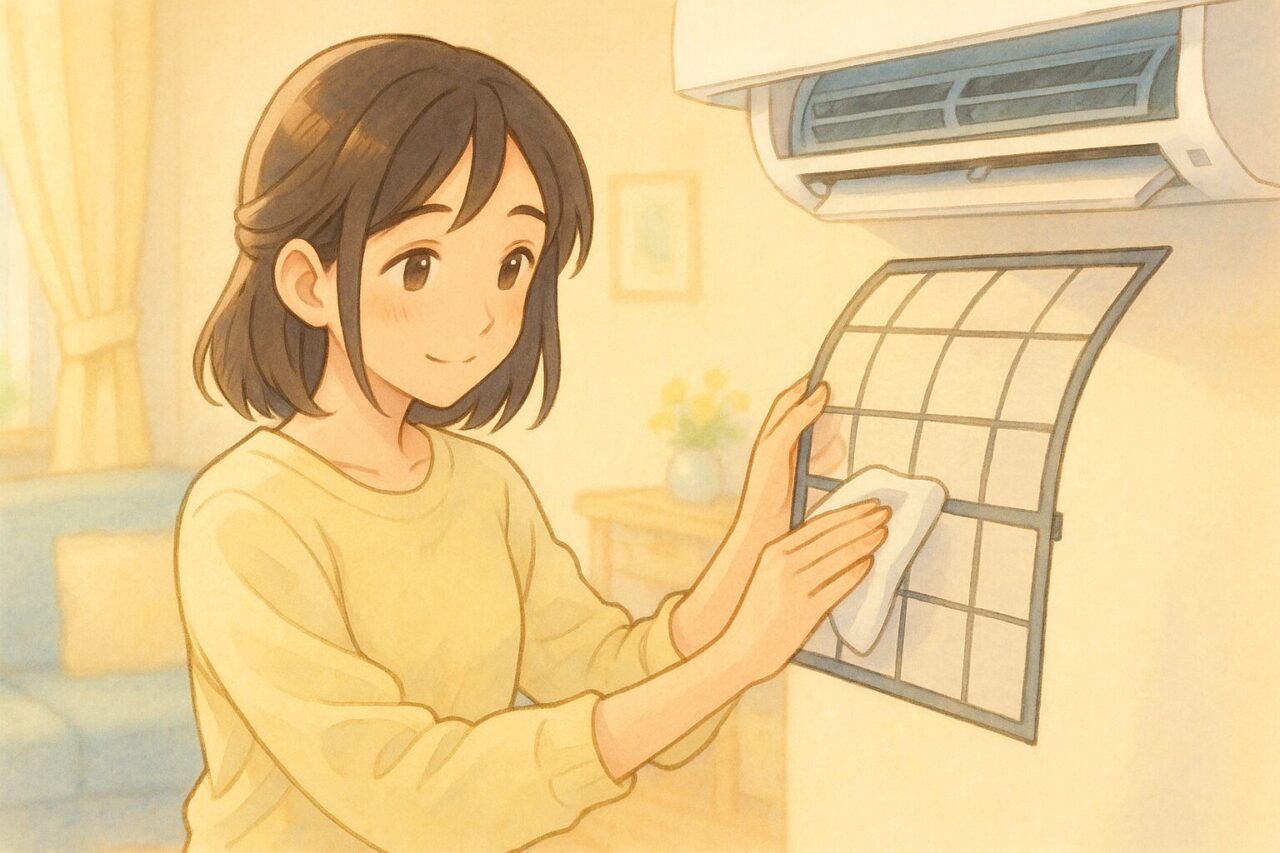 エアコンのフィルターを掃除している画像