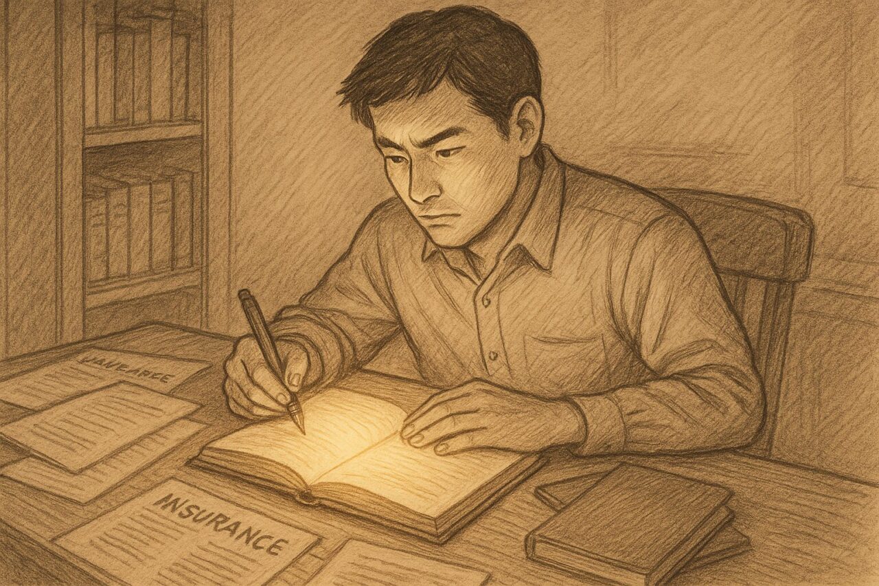 真剣にノートを書く男性の画像