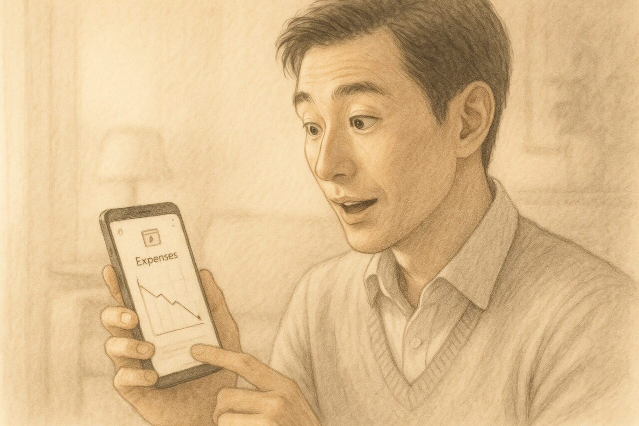 スマホを見て驚く男性の画像