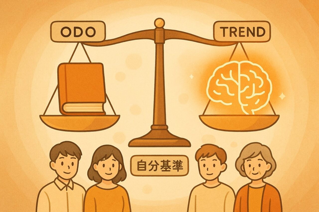 王道とトレンドが天秤に乗っている画像