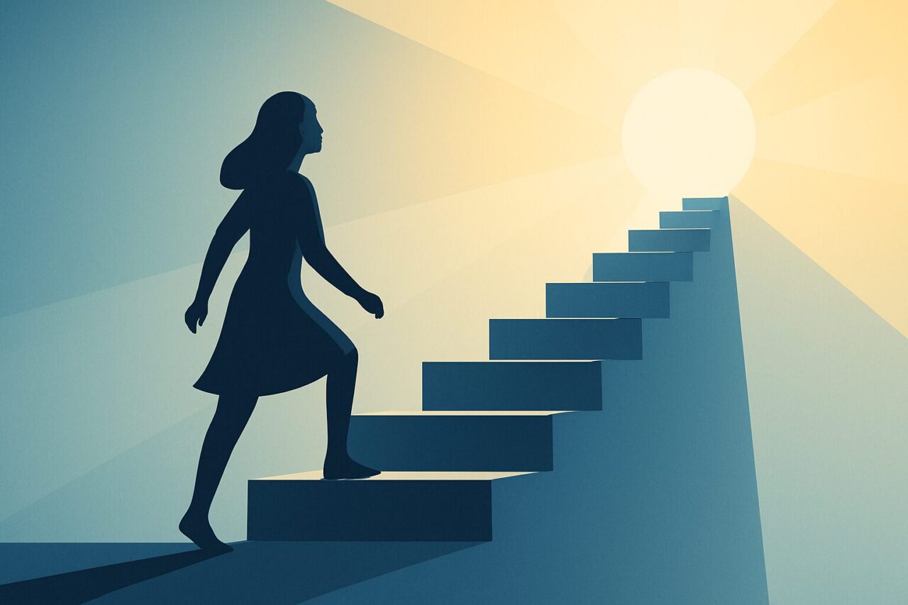 階段を1段ずつ上っていく女性の画像