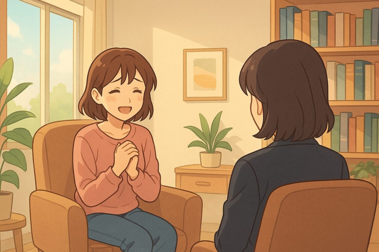 カウンセラーと話す女性の画像