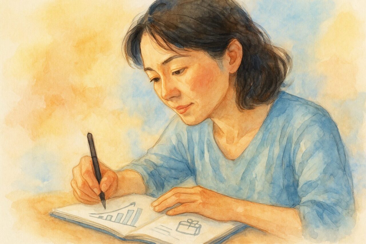 ノートにペンを走らせる女性の画像