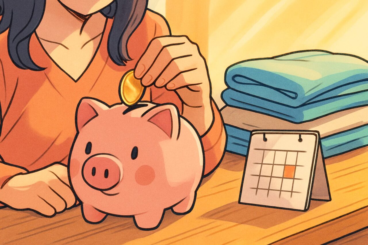 貯金箱にお金を入れる画像