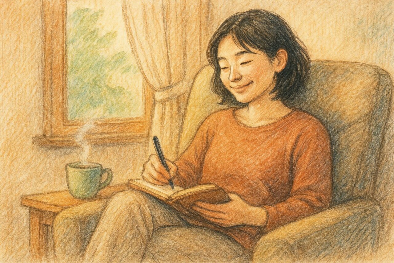 ソファに腰かけゆったりと書き物をする女性の画像