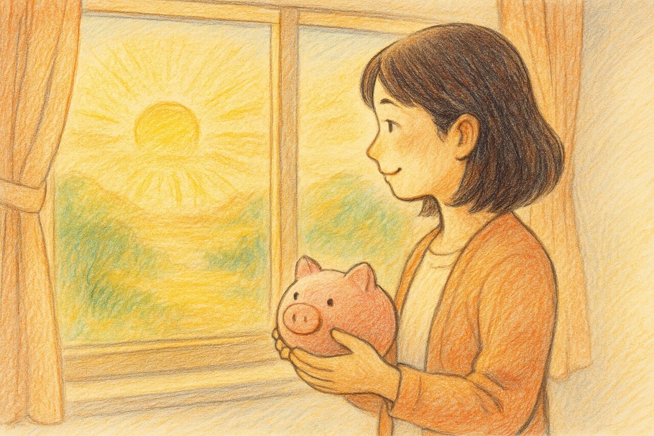 貯金箱を持った女性の画像