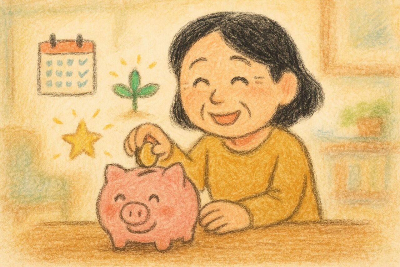 貯金箱にお金を入れる女性の画像