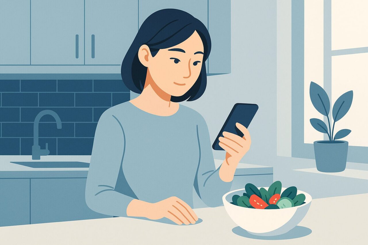サラダをスマートフォンで撮影する女性の画像