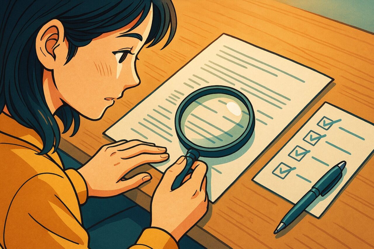 書類をくまなく確認している女性の画像