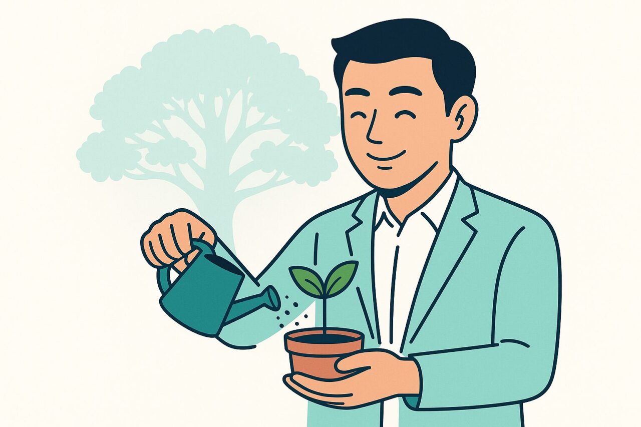小さい植木に水をやる男性の画像