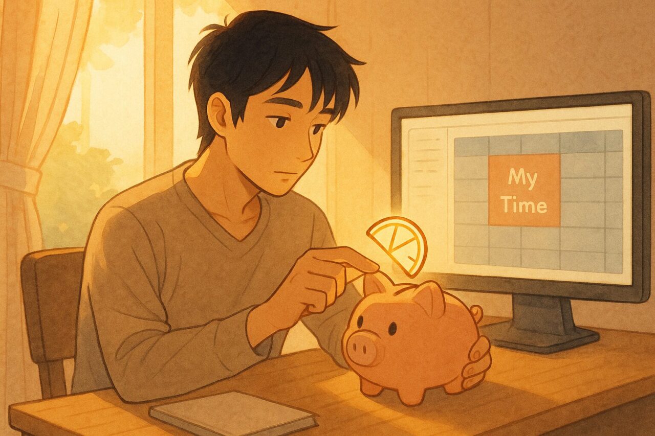 時間貯金箱に貯金する男性の画像