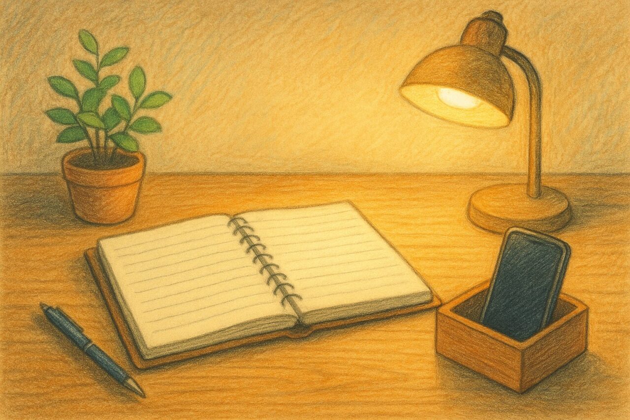 デスクにノートを広げている画像