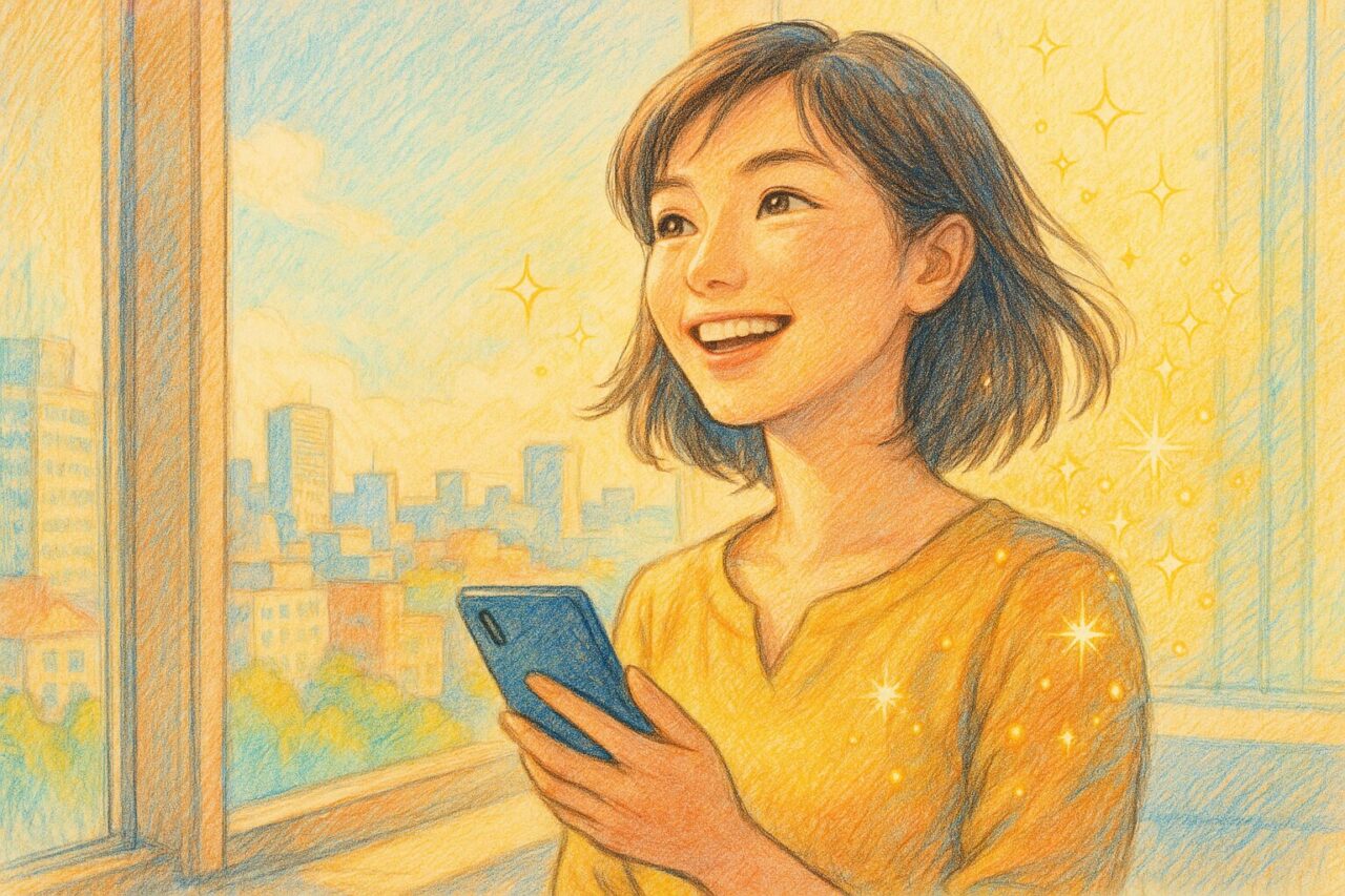 スマホを片手の持っている女性の画像