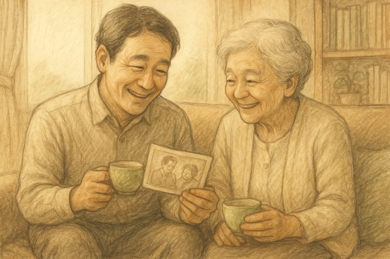 親子仲良く写真を眺める画像