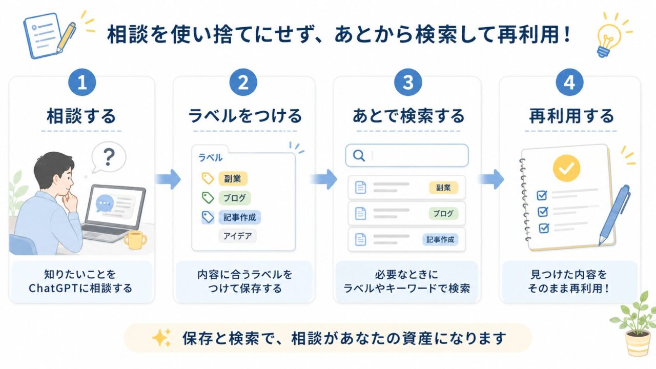 ChatGPTへの相談にラベルをつけてあとから検索し再利用する流れを示した図解