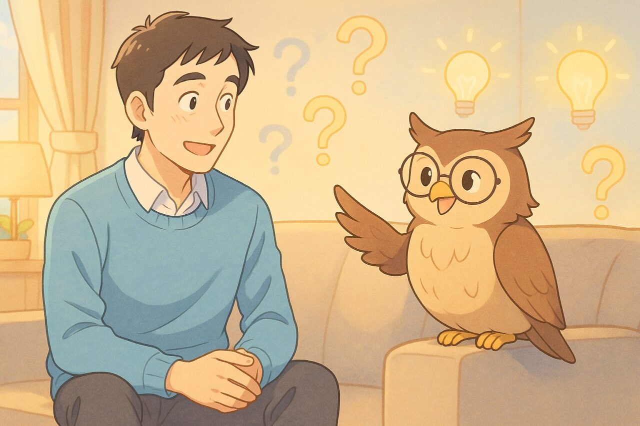 男性と森の知恵者であるフクロウとの対話の画像