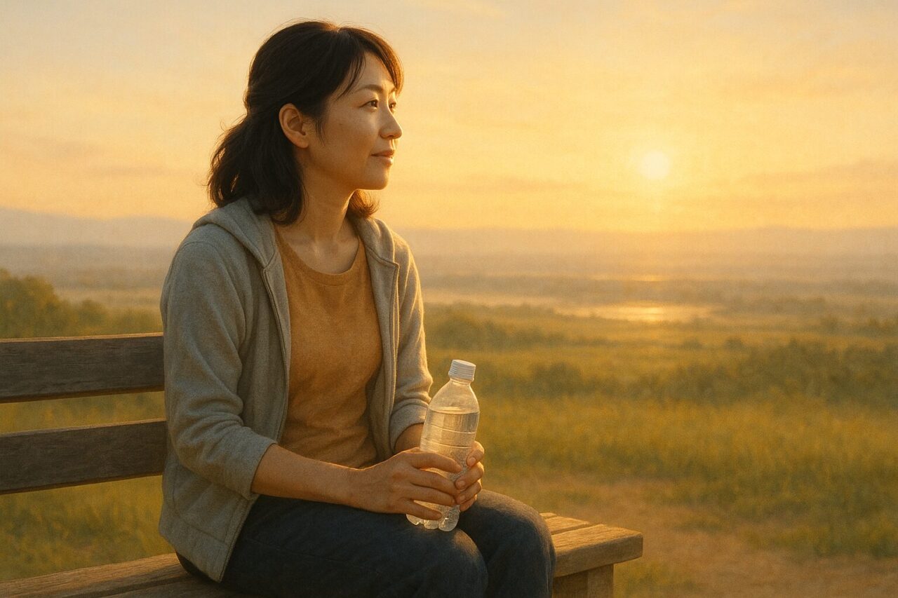 ドリンク片手に遠くを眺める女性の画像