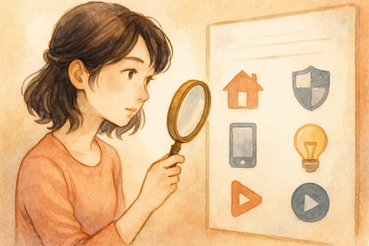 虫眼鏡で各項目を精査する女性の画像