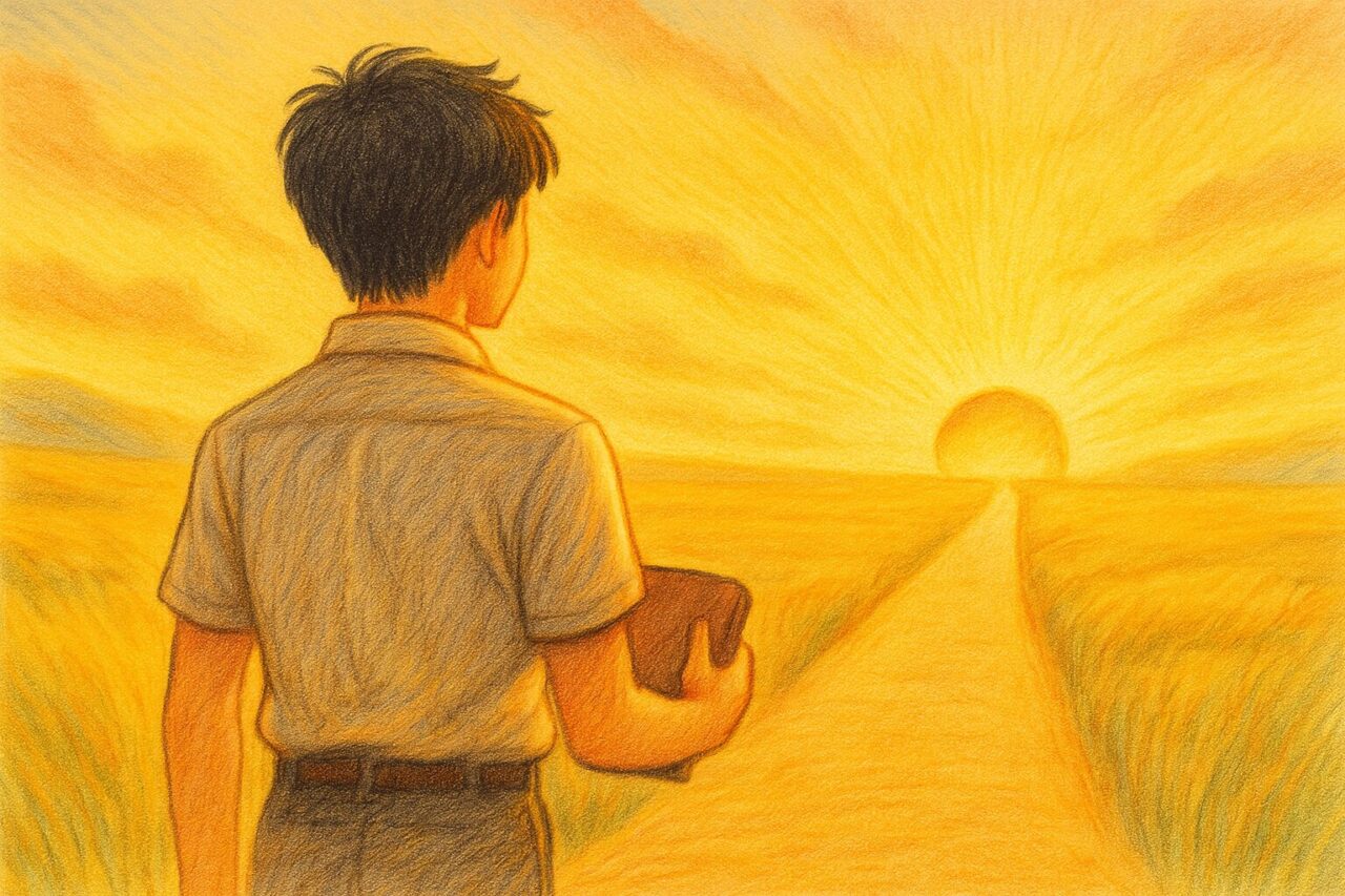 夕日を眺める男性の画像