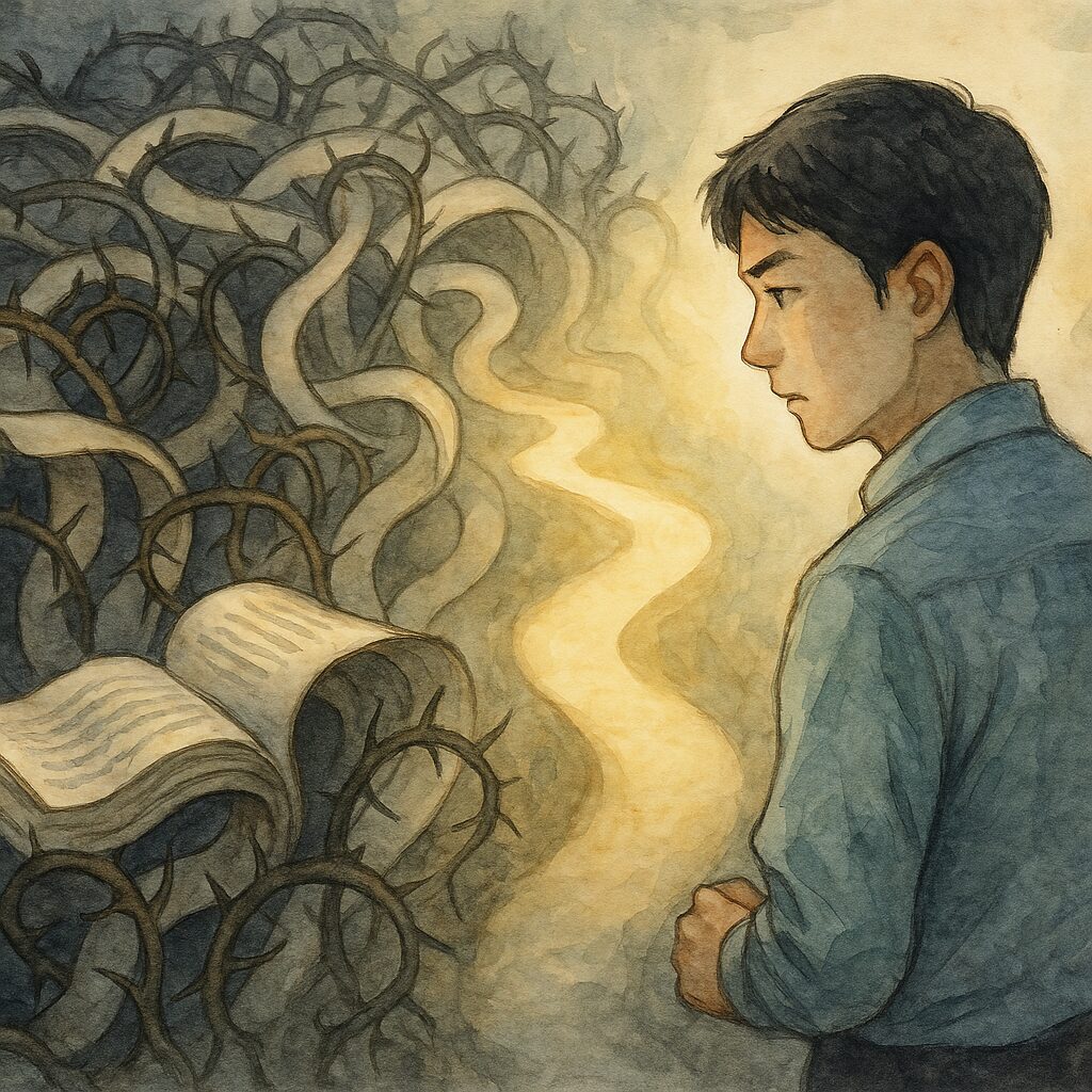 本と茨の道を眺める男性の画像