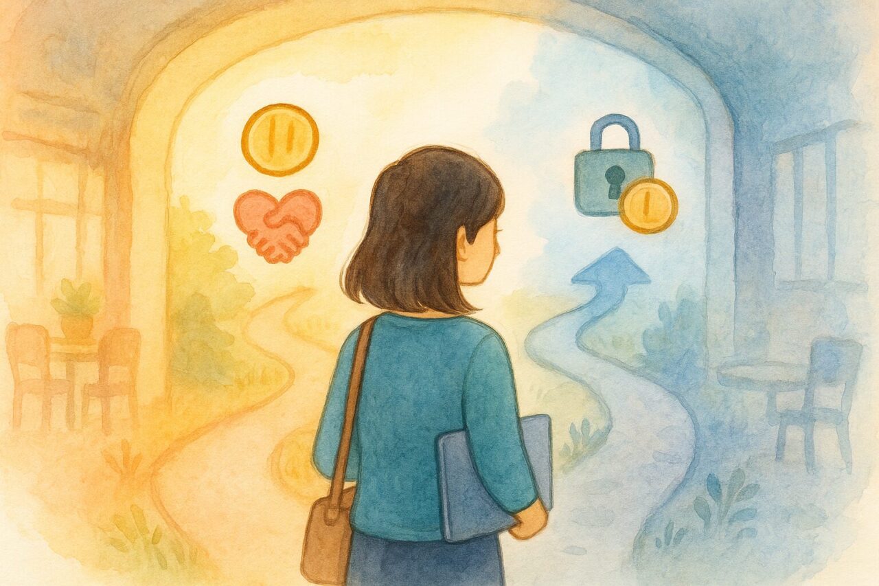 分かれ道に立つ女性の画像