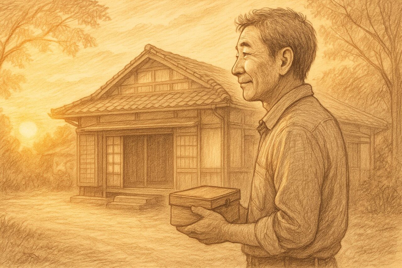 思い出が入った箱を大事に抱える男性の画像