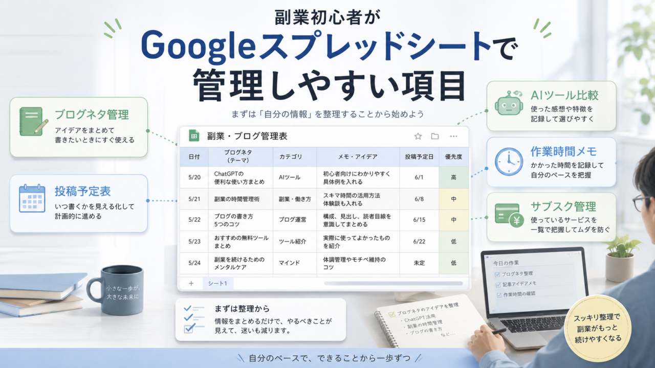 副業初心者がGoogleスプレッドシートで管理しやすい項目をまとめた図解