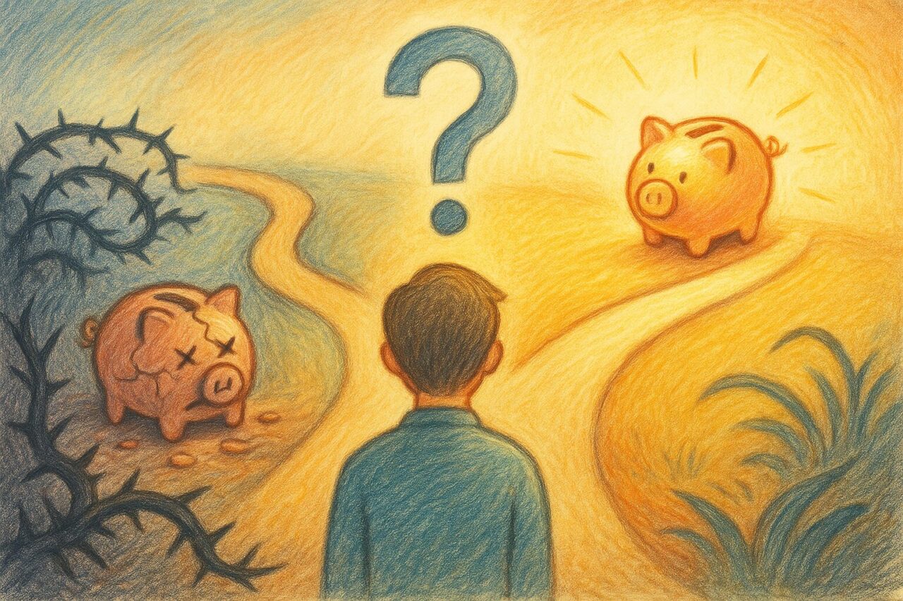 男性が分岐点に立つ画像