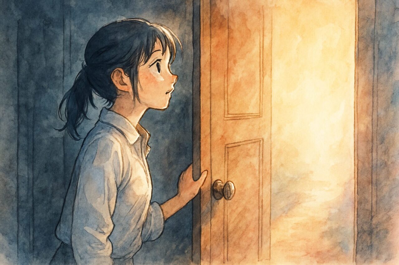 扉を開ける女性の画像